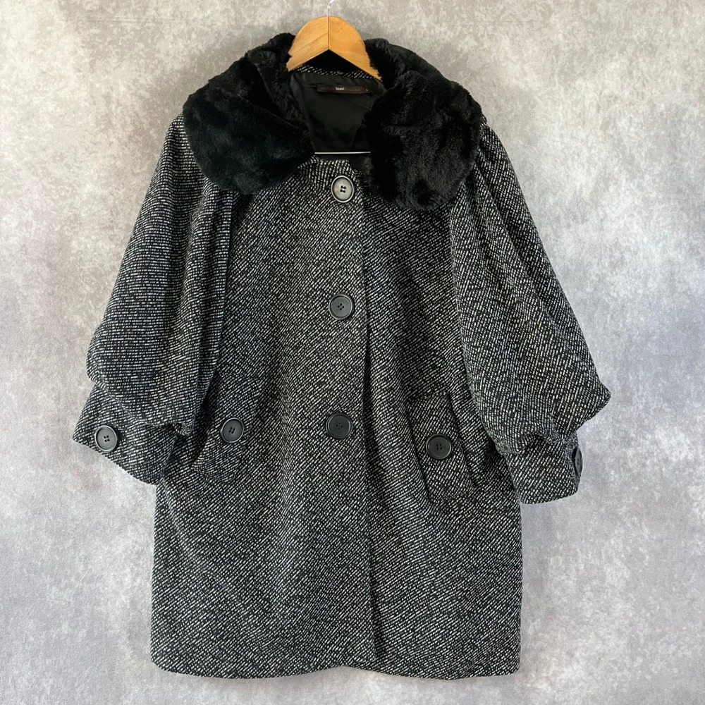 Azel Hazel Haze Tweed Coat Womens Large Black White Faux Fur Collar Puff Sleeves